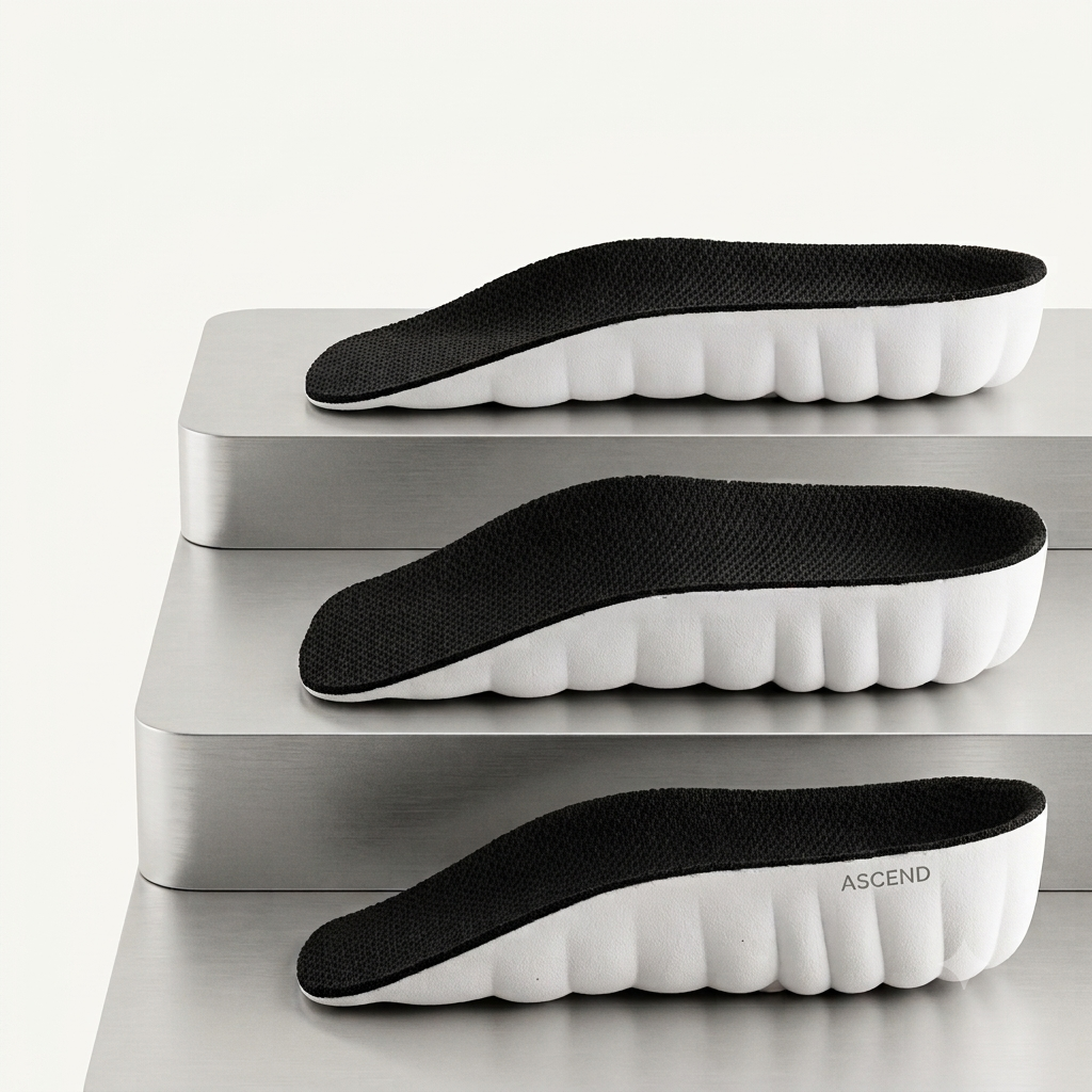 Three ASCEND insoles displayed on brushed metal steps, showing the 1.5 cm, 2.5 cm and 3.5 cm heights side by side