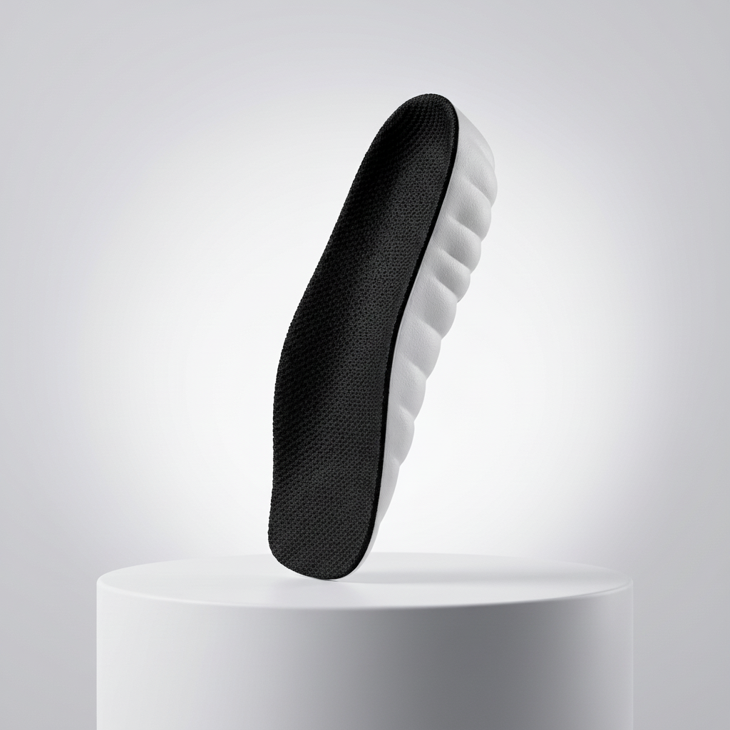 ASCEND height insole standing upright on a white pedestal, front view of the black mesh surface