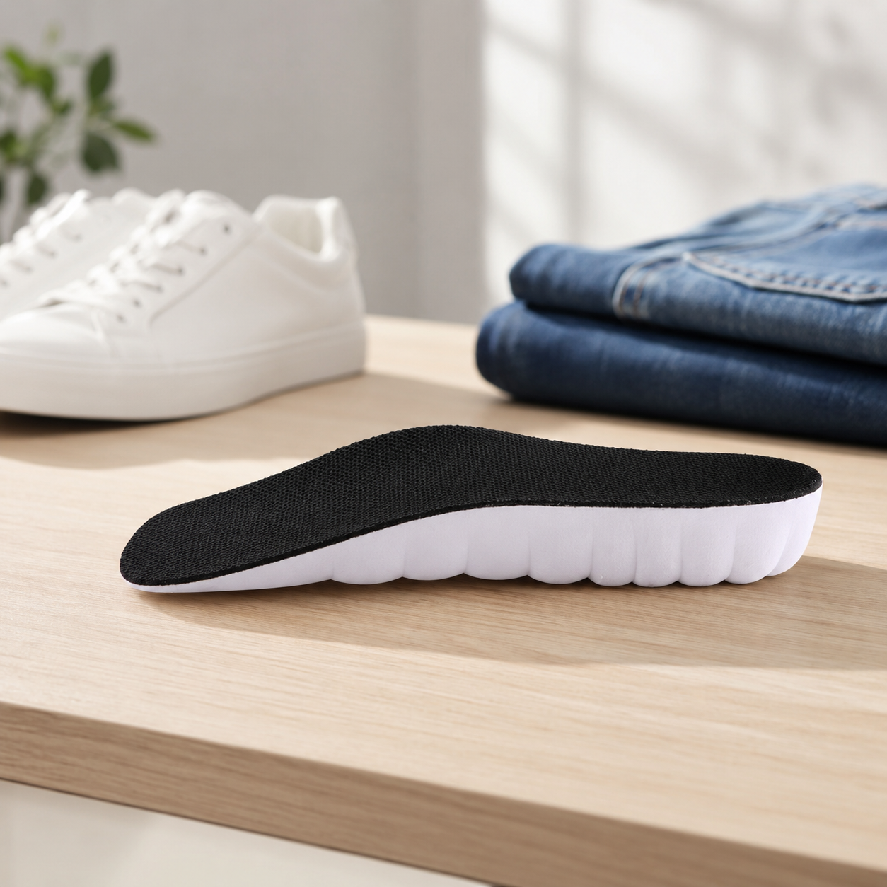 ASCEND height insole on a wooden surface next to a white sneaker and folded jeans