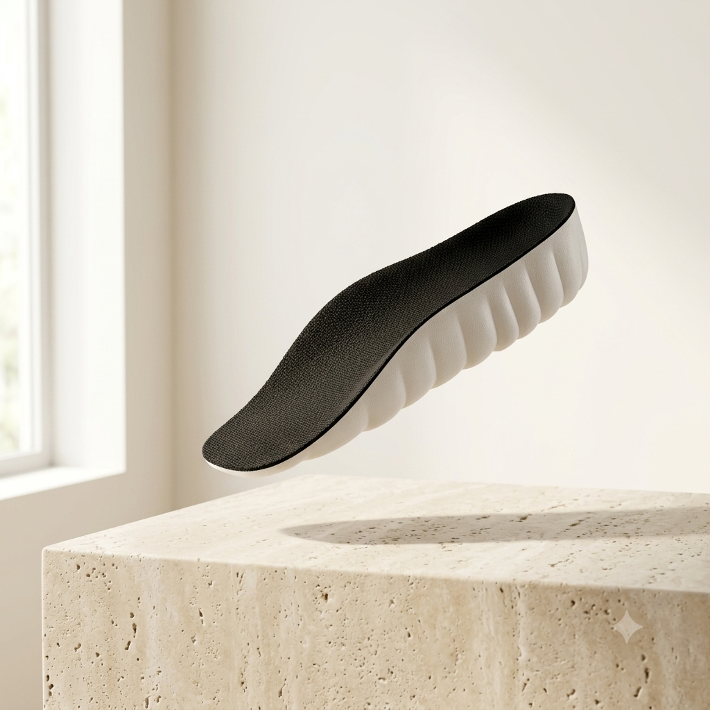 ASCEND black height insole resting on a travertine block, showing the layered white PU foam base in profile