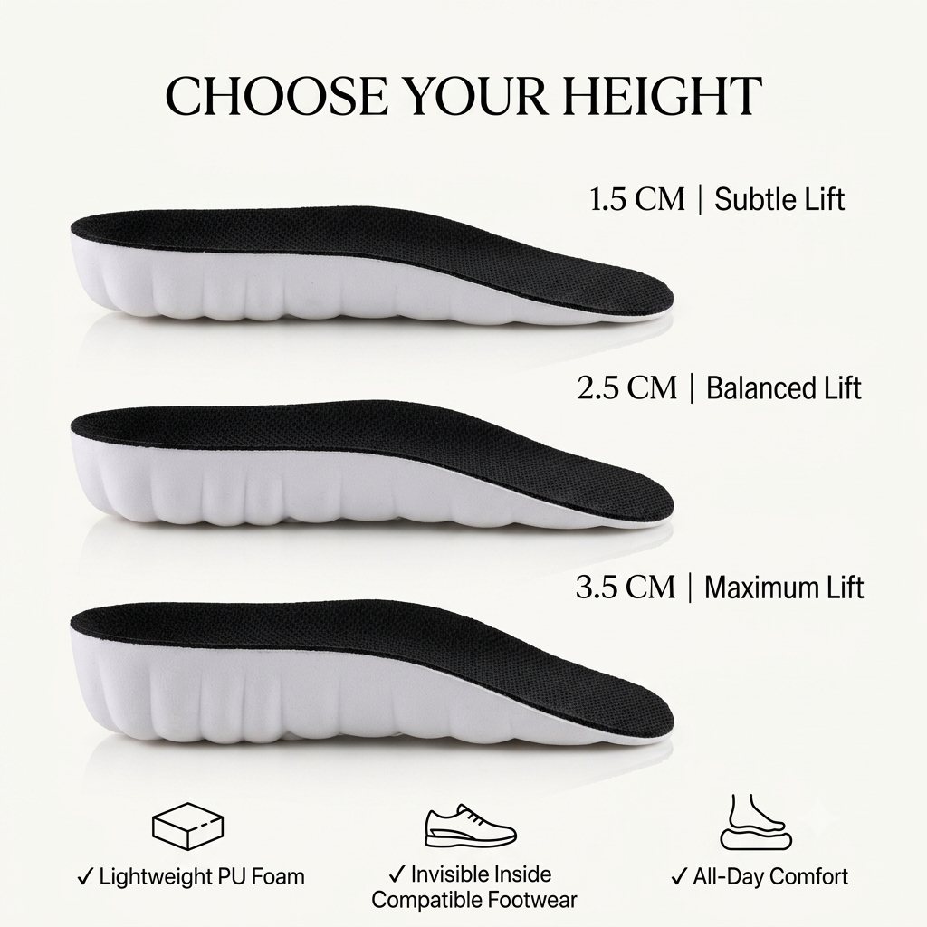 Comparison of the three ASCEND heights: 1.5 cm subtle lift, 2.5 cm balanced lift and 3.5 cm maximum lift